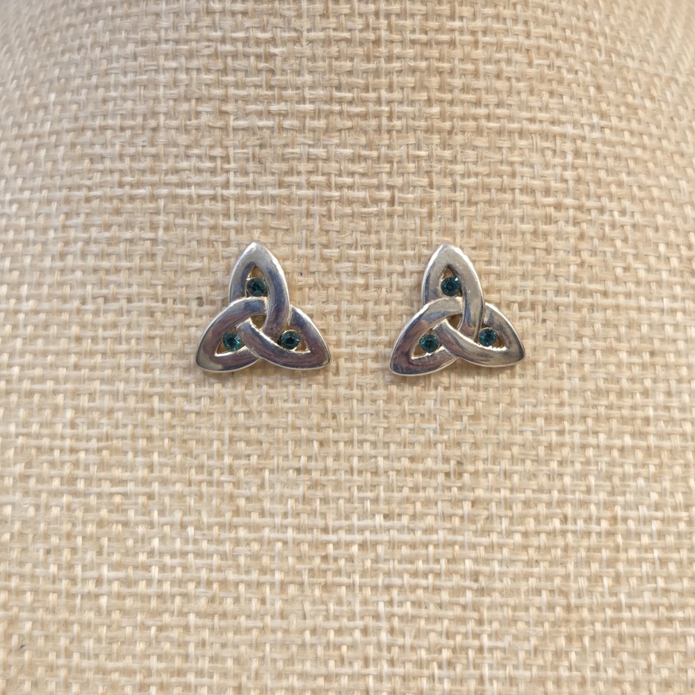 Solvar Sterling Silver Emerald Trinity Celtic Knot Stud Earrings Signed Irish